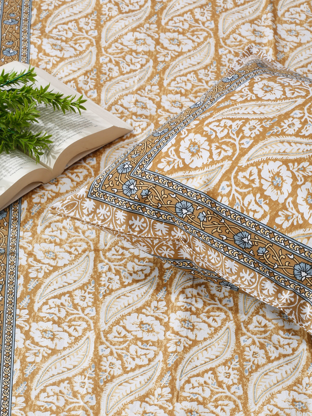 White and Mustard Floral Print 144 TC Cotton Single Bed Sheet with 1 Pillow Cover