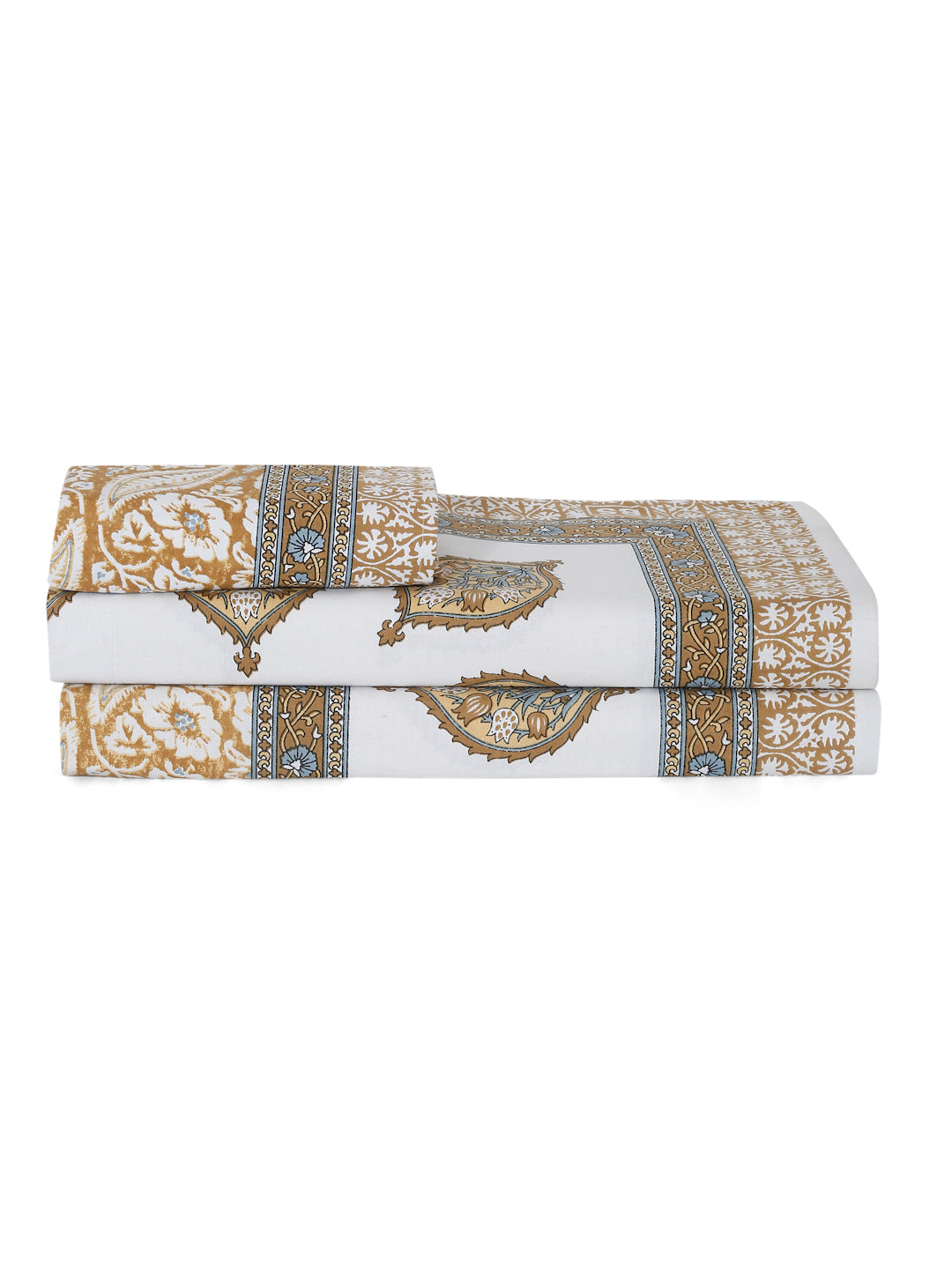 White and Mustard Floral Print 144 TC Cotton Single Bed Sheet with 1 Pillow Cover