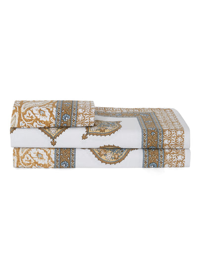 White and Mustard Floral Print 144 TC Cotton Single Bed Sheet with 1 Pillow Cover