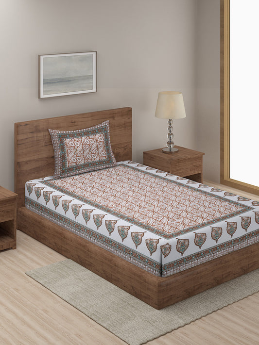 White and Brown Floral Print 144 TC Cotton Single Bed Sheet with 1 Pillow Cover