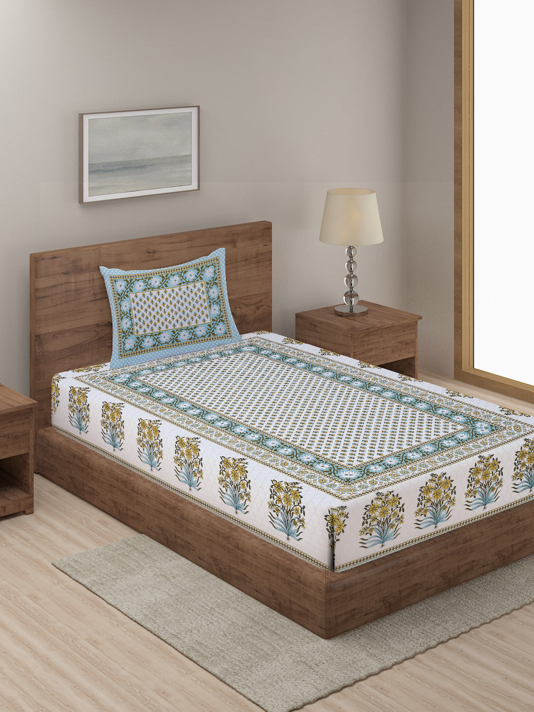 White and Blue Floral Print 144 TC Cotton Single Bed Sheet with 1 Pillow Cover