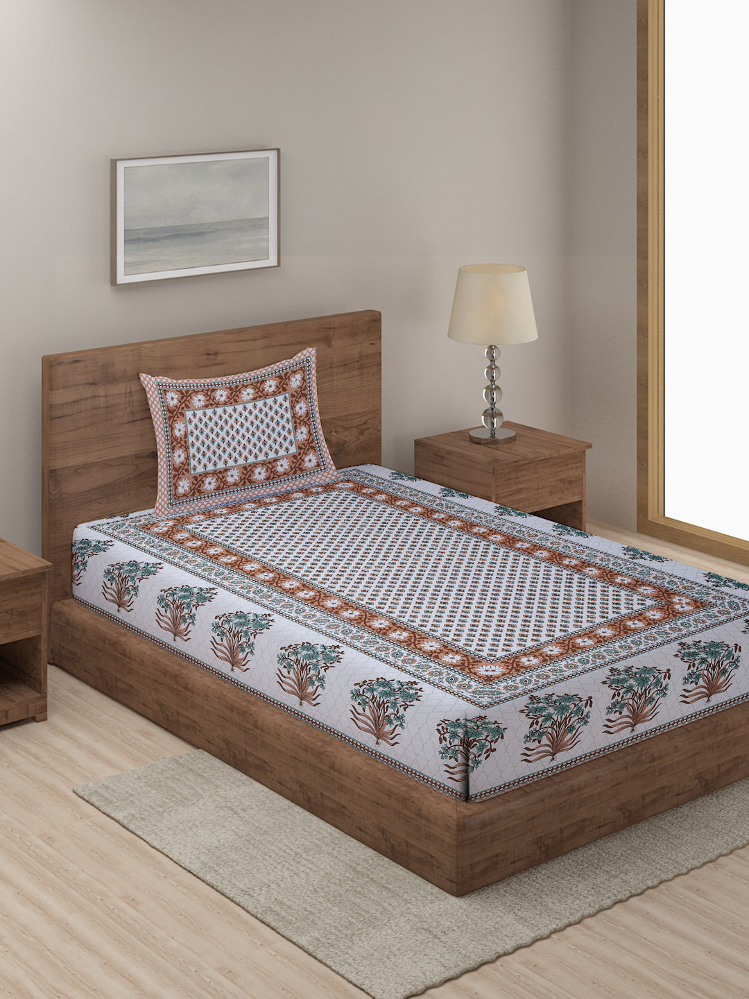 White and Brown Floral Print 144 TC Cotton Single Bed Sheet with 1 Pillow Cover