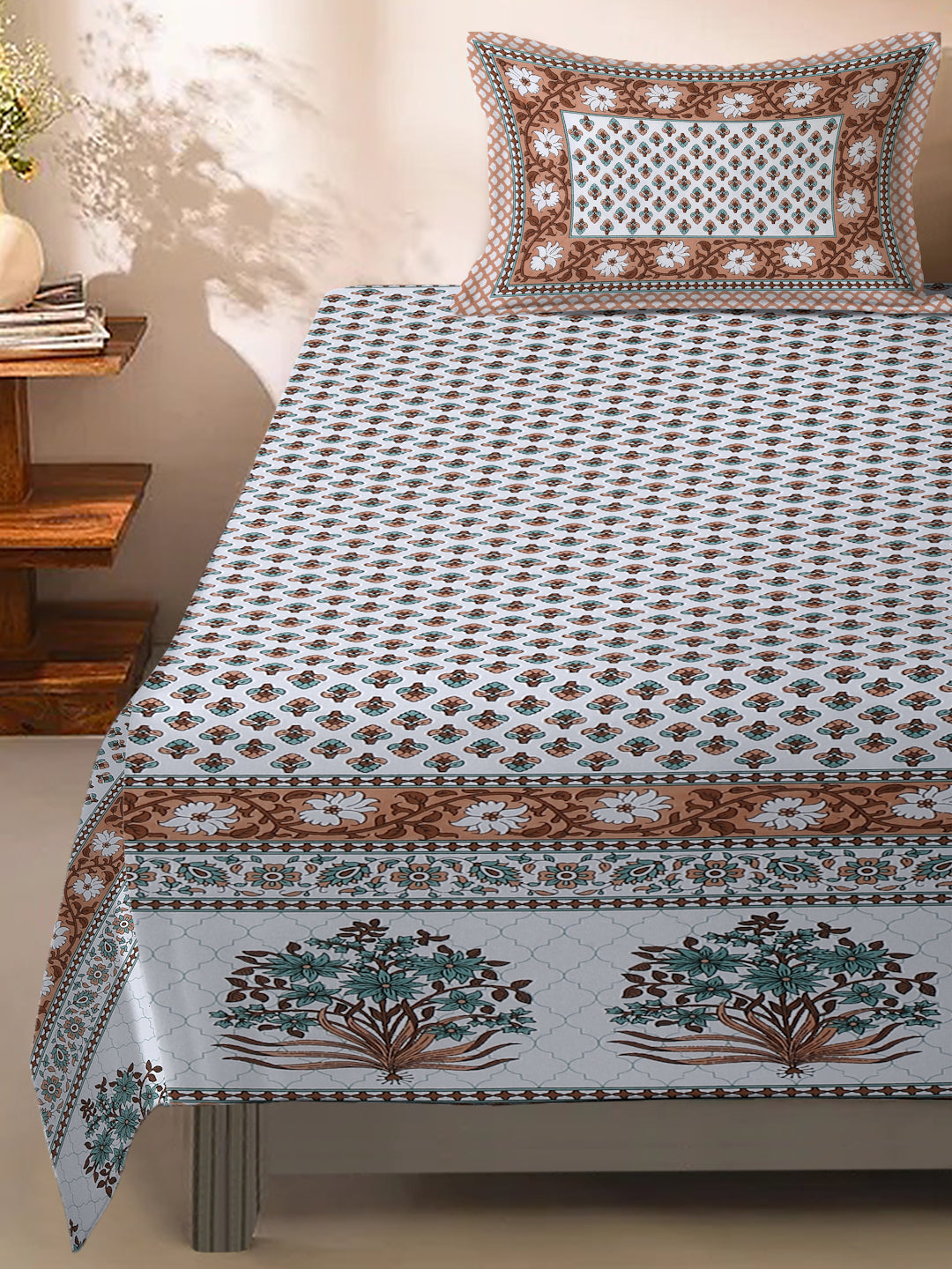 White and Brown Floral Print 144 TC Cotton Single Bed Sheet with 1 Pillow Cover