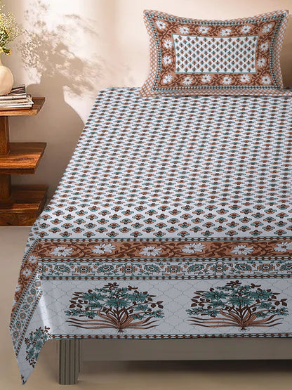 White and Brown Floral Print 144 TC Cotton Single Bed Sheet with 1 Pillow Cover