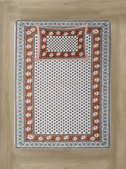 White and Brown Floral Print 144 TC Cotton Single Bed Sheet with 1 Pillow Cover