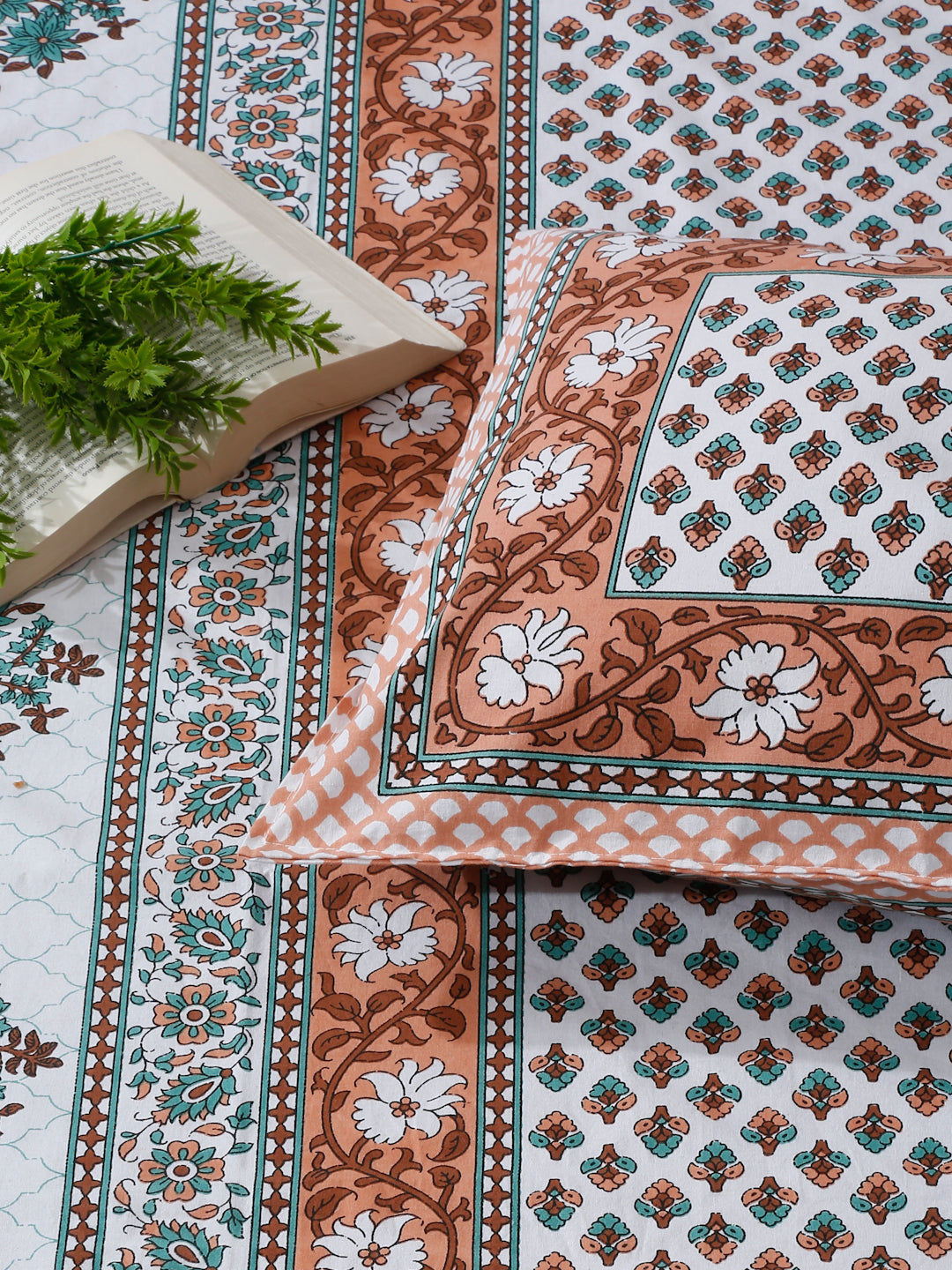 White and Brown Floral Print 144 TC Cotton Single Bed Sheet with 1 Pillow Cover