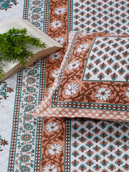 White and Brown Floral Print 144 TC Cotton Single Bed Sheet with 1 Pillow Cover