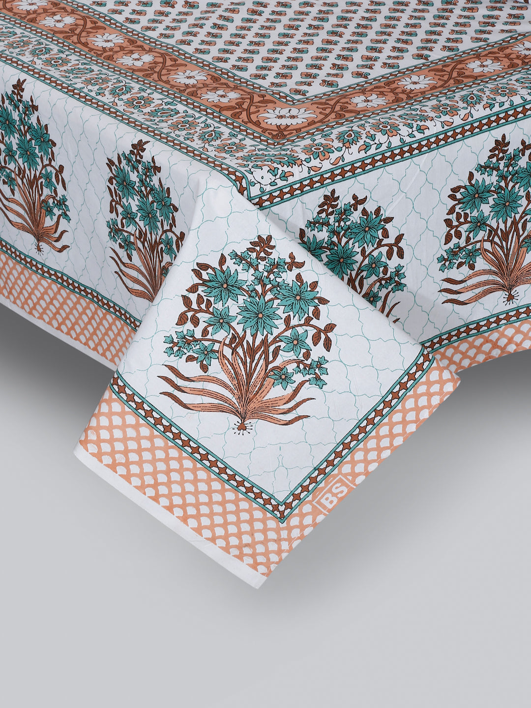 White and Brown Floral Print 144 TC Cotton Single Bed Sheet with 1 Pillow Cover