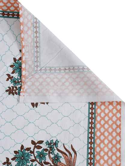 White and Brown Floral Print 144 TC Cotton Single Bed Sheet with 1 Pillow Cover