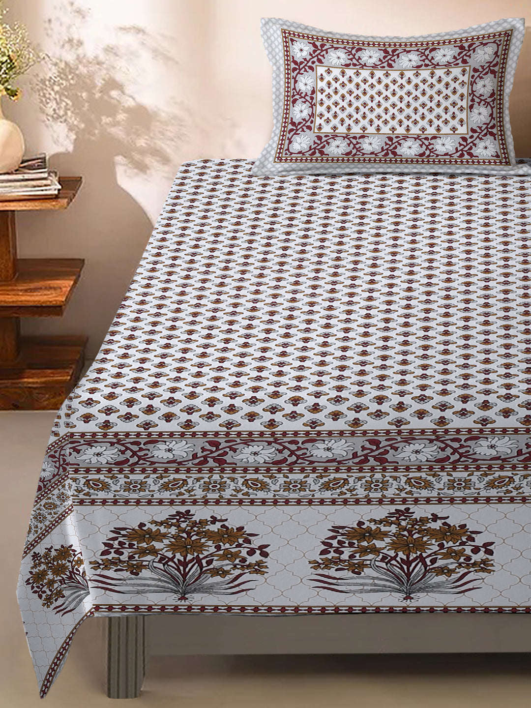 White and Red Floral Print 144 TC Cotton Single Bed Sheet with 1 Pillow Cover
