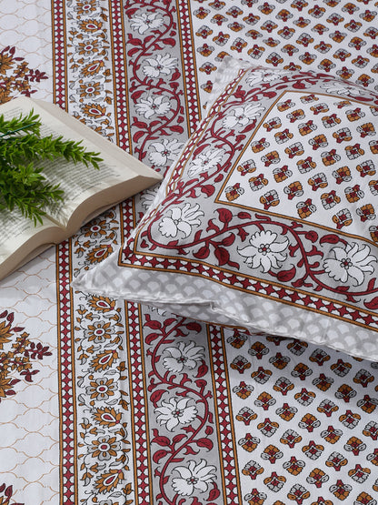 White and Red Floral Print 144 TC Cotton Single Bed Sheet with 1 Pillow Cover