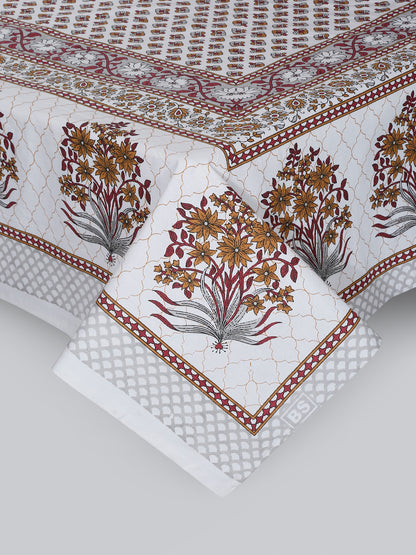 White and Red Floral Print 144 TC Cotton Single Bed Sheet with 1 Pillow Cover