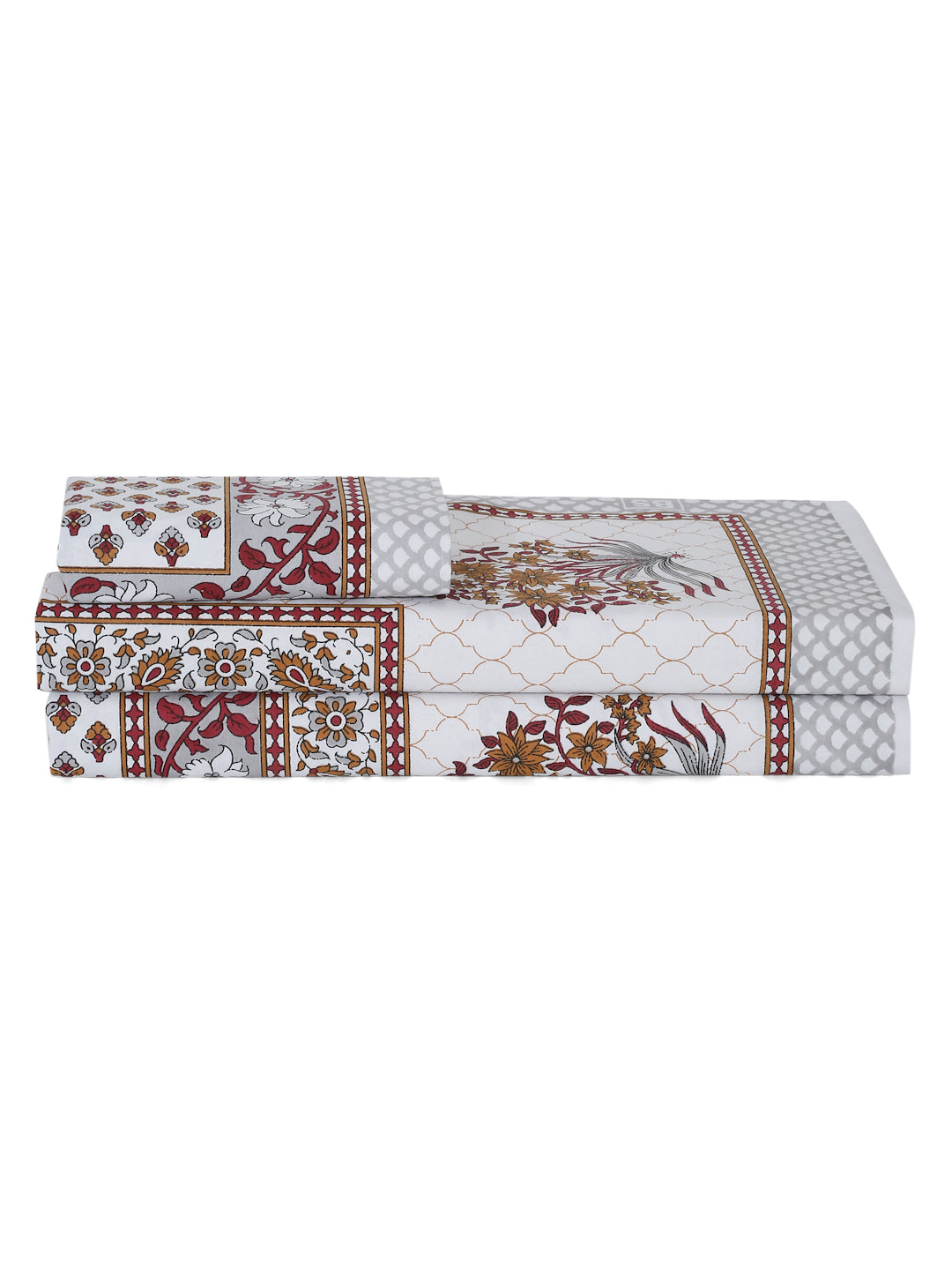 White and Red Floral Print 144 TC Cotton Single Bed Sheet with 1 Pillow Cover