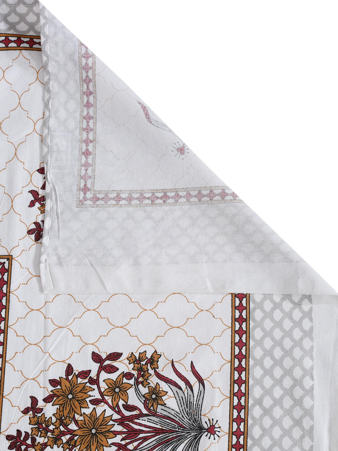 White and Red Floral Print 144 TC Cotton Single Bed Sheet with 1 Pillow Cover