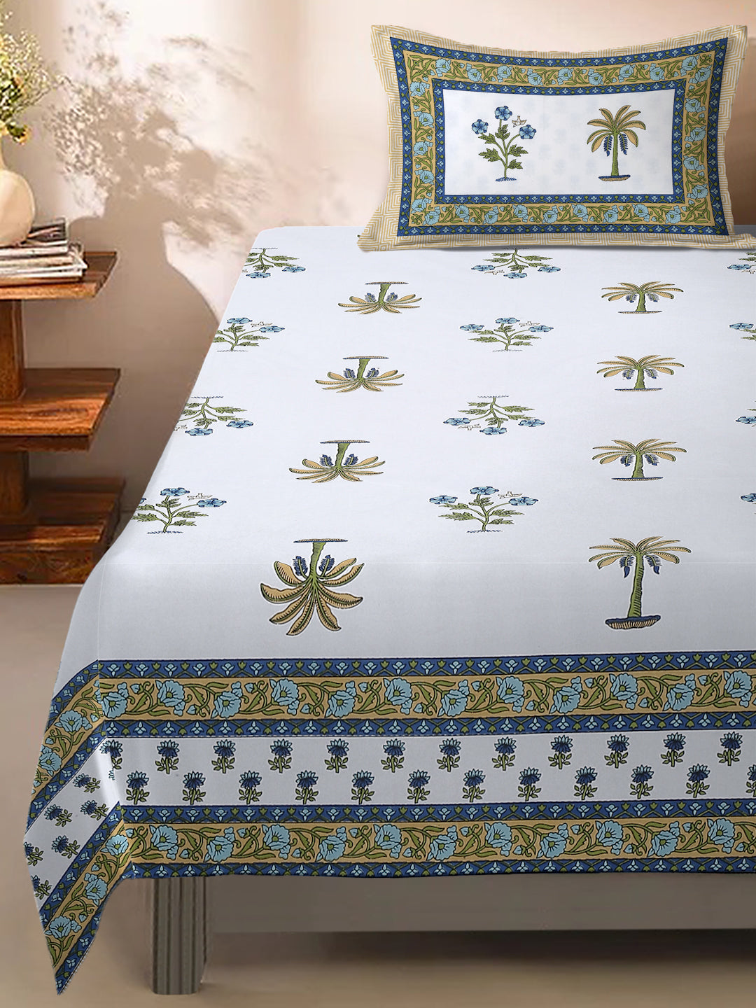White and Olive Ethnic Motif Print 144 TC Cotton Single Bed Sheet with 1 Pillow Cover