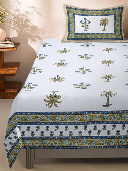 White and Olive Ethnic Motif Print 144 TC Cotton Single Bed Sheet with 1 Pillow Cover