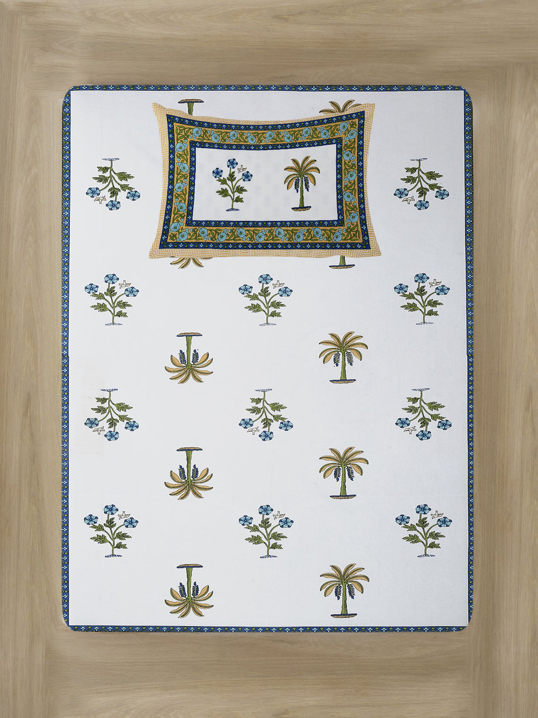White and Olive Ethnic Motif Print 144 TC Cotton Single Bed Sheet with 1 Pillow Cover