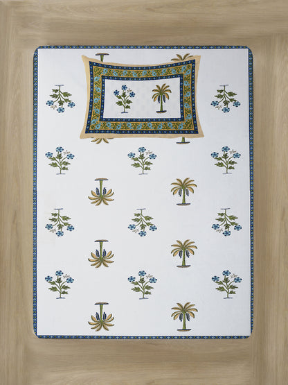 White and Olive Ethnic Motif Print 144 TC Cotton Single Bed Sheet with 1 Pillow Cover