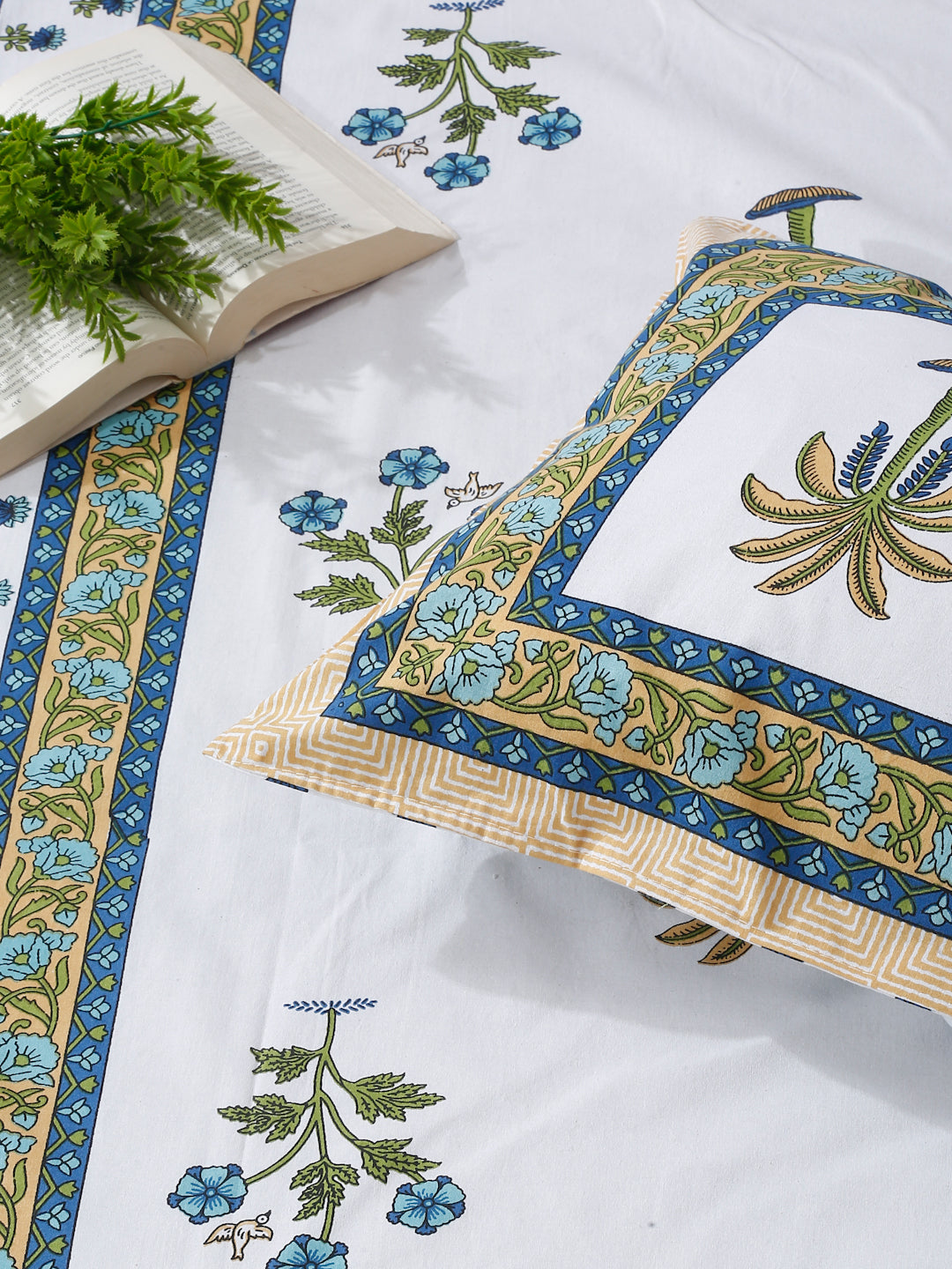 White and Olive Ethnic Motif Print 144 TC Cotton Single Bed Sheet with 1 Pillow Cover