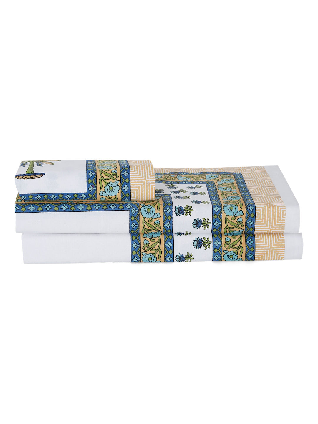 White and Olive Ethnic Motif Print 144 TC Cotton Single Bed Sheet with 1 Pillow Cover