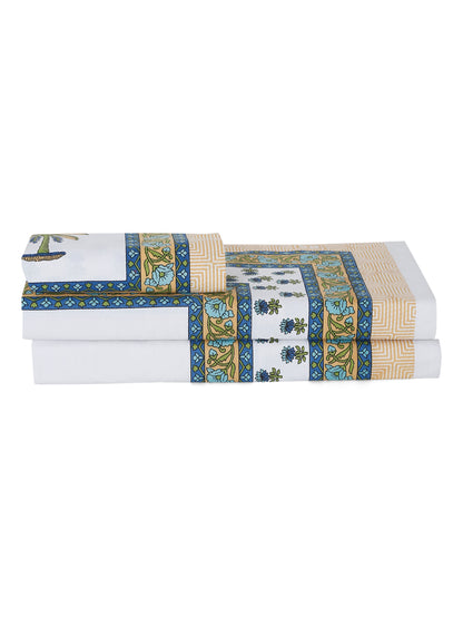 White and Olive Ethnic Motif Print 144 TC Cotton Single Bed Sheet with 1 Pillow Cover