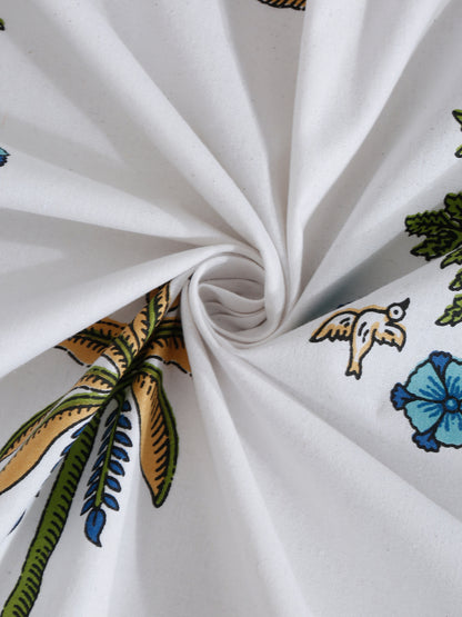 White and Olive Ethnic Motif Print 144 TC Cotton Single Bed Sheet with 1 Pillow Cover
