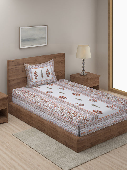 White and Orange Ethnic Motif Print 144 TC Cotton Single Bed Sheet with 1 Pillow Cover