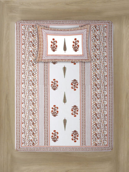 White and Orange Ethnic Motif Print 144 TC Cotton Single Bed Sheet with 1 Pillow Cover