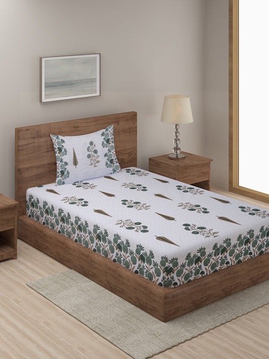 White and Olive Ethnic Motif Print 144 TC Cotton Single Bed Sheet with 1 Pillow Cover