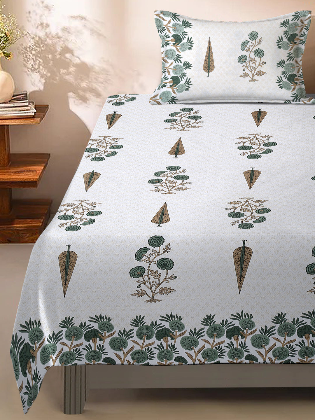 White and Olive Ethnic Motif Print 144 TC Cotton Single Bed Sheet with 1 Pillow Cover