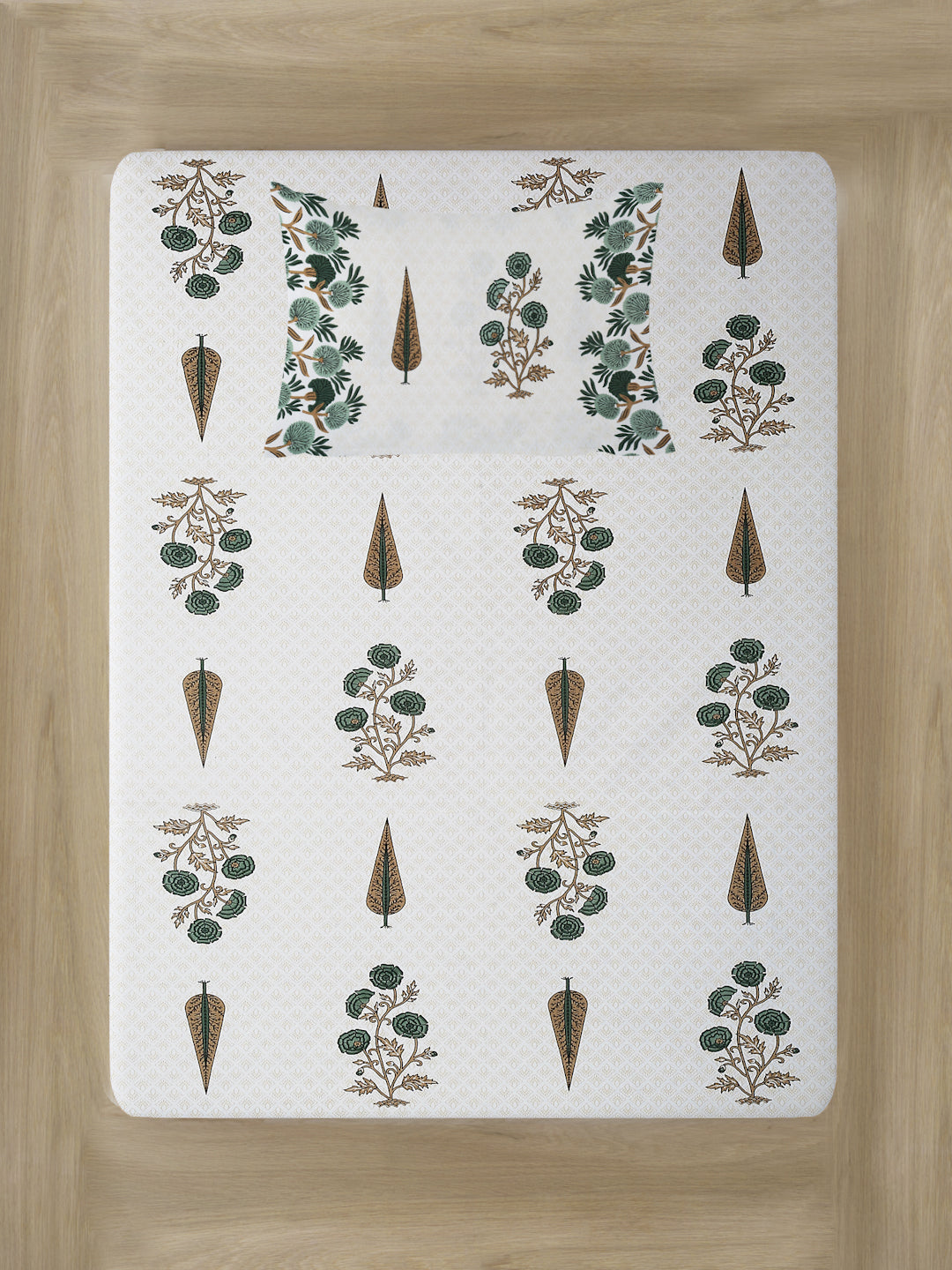 White and Olive Ethnic Motif Print 144 TC Cotton Single Bed Sheet with 1 Pillow Cover