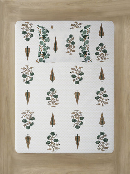 White and Olive Ethnic Motif Print 144 TC Cotton Single Bed Sheet with 1 Pillow Cover
