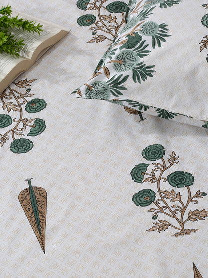 White and Olive Ethnic Motif Print 144 TC Cotton Single Bed Sheet with 1 Pillow Cover