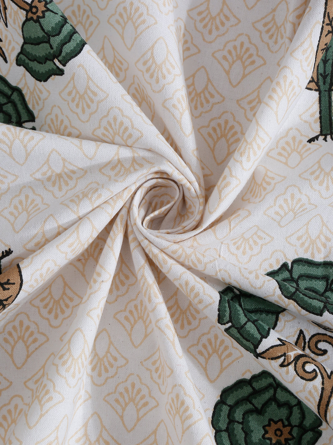 White and Olive Ethnic Motif Print 144 TC Cotton Single Bed Sheet with 1 Pillow Cover
