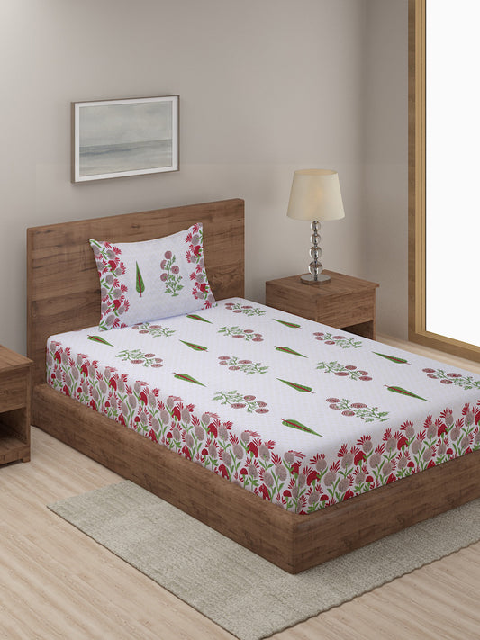Mulit Colored Ethnic Motif Print 144 TC Cotton Single Bed Sheet with 1 Pillow Cover