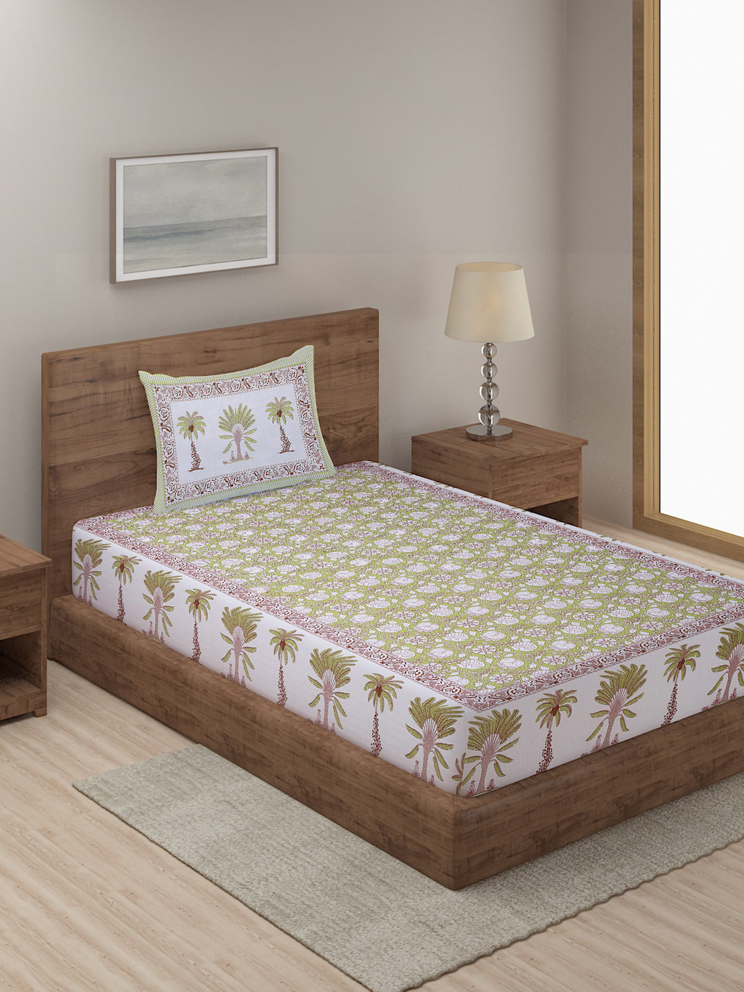 White and Green Floral Print 144 TC Cotton Single Bed Sheet with 1 Pillow Cover