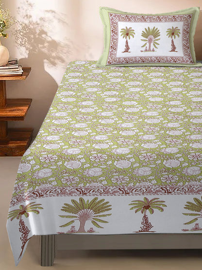 White and Green Floral Print 144 TC Cotton Single Bed Sheet with 1 Pillow Cover