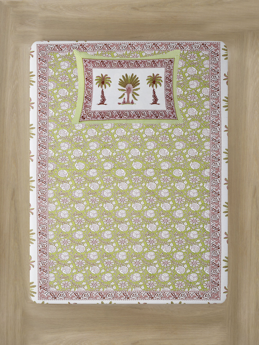 White and Green Floral Print 144 TC Cotton Single Bed Sheet with 1 Pillow Cover