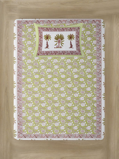 White and Green Floral Print 144 TC Cotton Single Bed Sheet with 1 Pillow Cover