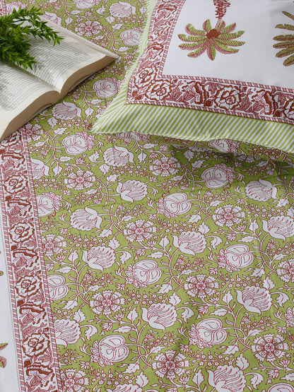 White and Green Floral Print 144 TC Cotton Single Bed Sheet with 1 Pillow Cover