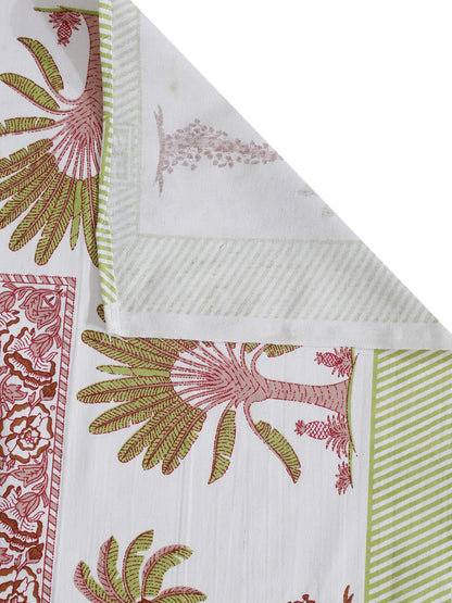 White and Green Floral Print 144 TC Cotton Single Bed Sheet with 1 Pillow Cover