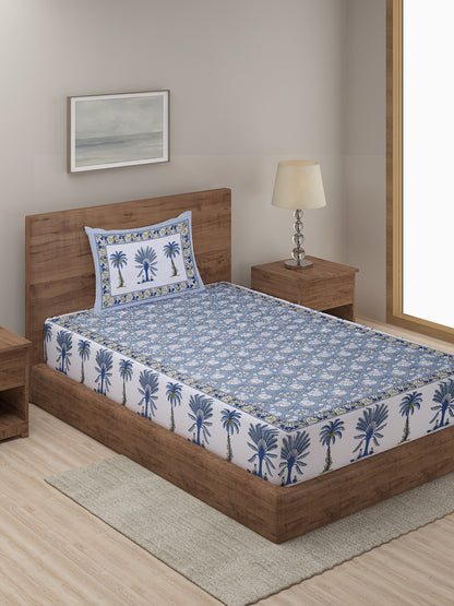 Sky Blue Floral Print 144 TC Cotton Single Bed Sheet with 1 Pillow Cover
