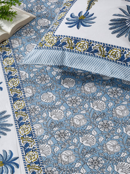 Sky Blue Floral Print 144 TC Cotton Single Bed Sheet with 1 Pillow Cover