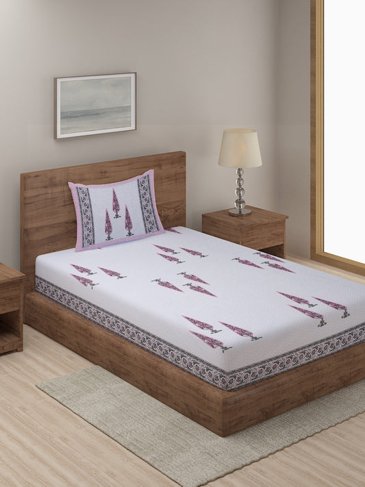 White and Pink Ethnic Motif Print 144 TC Cotton Single Bed Sheet with 1 Pillow Cover