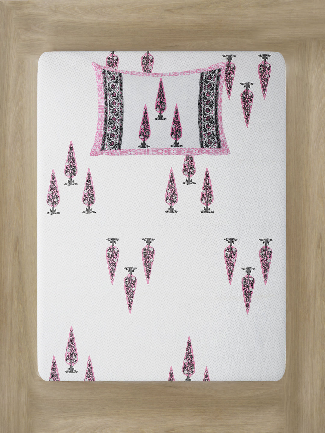 White and Pink Ethnic Motif Print 144 TC Cotton Single Bed Sheet with 1 Pillow Cover