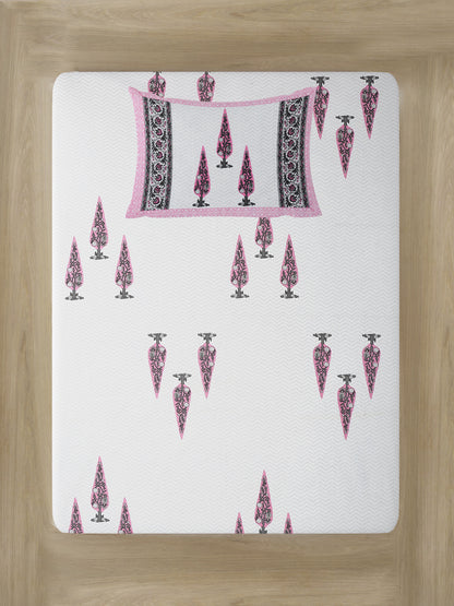 White and Pink Ethnic Motif Print 144 TC Cotton Single Bed Sheet with 1 Pillow Cover