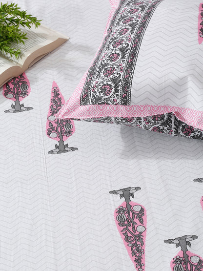 White and Pink Ethnic Motif Print 144 TC Cotton Single Bed Sheet with 1 Pillow Cover