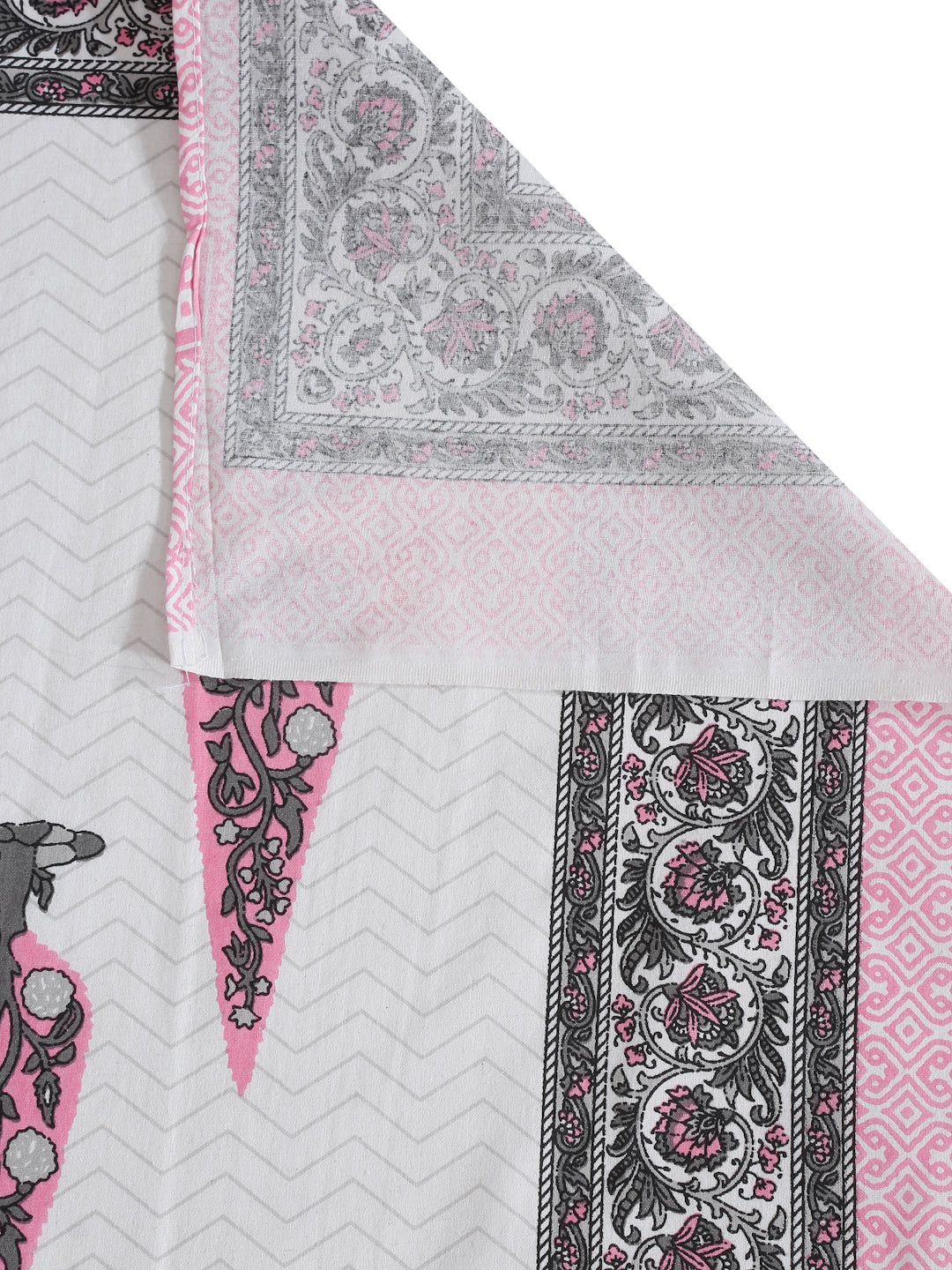 White and Pink Ethnic Motif Print 144 TC Cotton Single Bed Sheet with 1 Pillow Cover