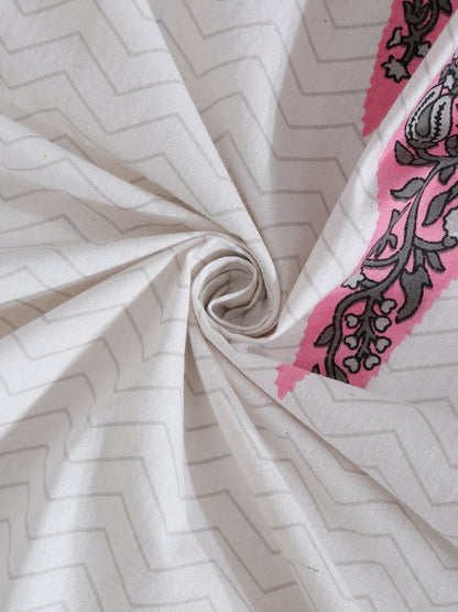 White and Pink Ethnic Motif Print 144 TC Cotton Single Bed Sheet with 1 Pillow Cover
