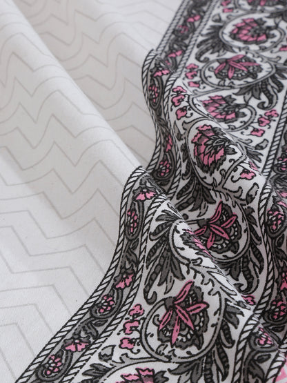 White and Pink Ethnic Motif Print 144 TC Cotton Single Bed Sheet with 1 Pillow Cover